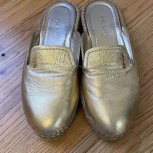 Prada Metallic Gold Espadrille Mules